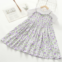 Girls long dress children's floral white cotton  Purple