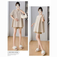 Summer short-sleeved maternity suit, fashionable, age-reducing, belly-covering T-shirt top, trendy mom outing two-piece suit  Coffee