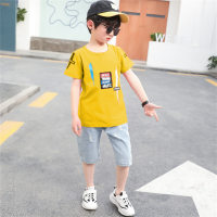 Boys summer denim T-shirt fashionable casual short-sleeved suit  Yellow