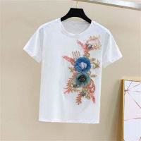 New summer Korean style heavy beaded embroidered short sleeves  White