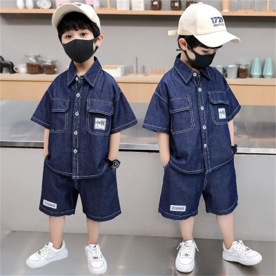 Boys summer short-sleeved denim suit solid color handsome two-piece suit for middle and large children