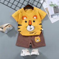 Kinder-Kurzarmanzug aus reiner Baumwolle, T-Shirt-Heimanzug für Jungen  Khaki