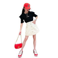 New style fashionable patchwork T-shirt skirt Korean style two-piece suit for middle and large children  Black