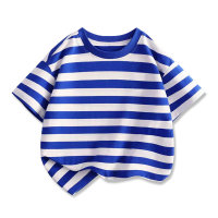 Boys summer clothing solid color short-sleeved T-shirt striped half-sleeved medium and large children  blue strips