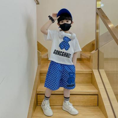 Boys summer plaid pants suits for medium and large children handsome cartoon T-shirts shorts two-piece suits trendy