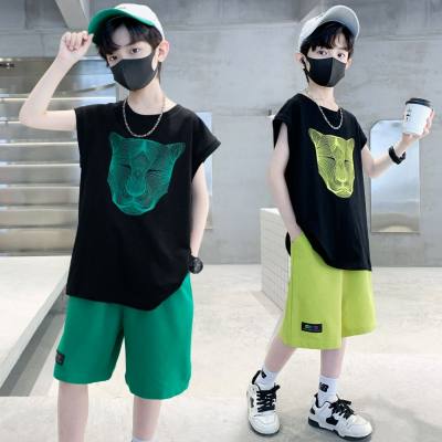 Boys summer clothes handsome cartoon vest shorts two-piece suits middle and large children boys sports suits trendy