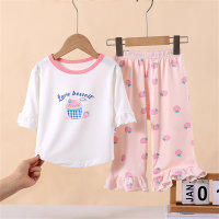 Summer New Baby Home Clothes Children's Cocos Lace Pants Suit Modal Two-piece Children's Clothing Set  Pink