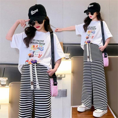 Girls' short-sleeved suit, Korean version, medium and large children's fashionable casual sports wide-leg pants two-piece set