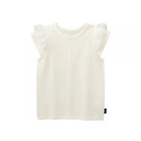 Summer Girls Baby Striped Cotton Sweet Lace Mesh Sleeve Flying Edge Short Sleeve T-shirt  White