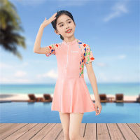 Children's swimsuit girls one-piece dress middle and large children baby split boxer pants conservative girl student swimsuit  Pink
