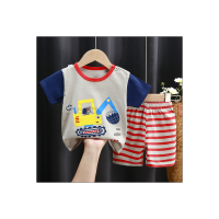 Summer children's short-sleeved shorts suit pure cotton t-shirt boys and girls baby thin children's clothing  Blue