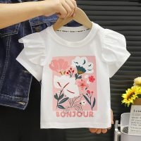 Camiseta para niñas, nuevo estilo, mangas voladoras, estilo occidental, algodón puro, manga corta, top de encaje versátil  Multicolor