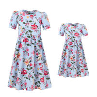 Parent-child mother-daughter dress, fashionable girl's floral dress, children's princess dress, cute outer dress  Light Blue