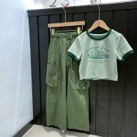Girls' summer workwear sports suit, big children's patchwork T-shirt straight pants hit the street two-piece set  Green