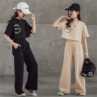Girls casual letter short-sleeved wide-leg pants two-piece set