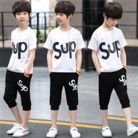 Boys' handsome summer short-sleeved T-shirt sports suit 2-piece set  White