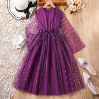 Children's dress long sleeves spliced mesh sequins skirt  Purple