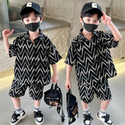 Boys' real velvet short-sleeved suit cool shirt two-piece suit small and medium-sized children's shirt