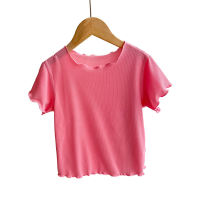 Version coréenne des T-shirts d'été couleur bonbon pour filles pour enfants de petite et moyenne taille, manches courtes en dentelle de soie glacée, sœurs polyvalentes, hauts à bords d'oreilles en bois  Rose