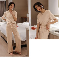 2024 New Women's Pajamas Solid Color Ice Silk Home Clothes Women's Casual Two-piece Suit  Apricot