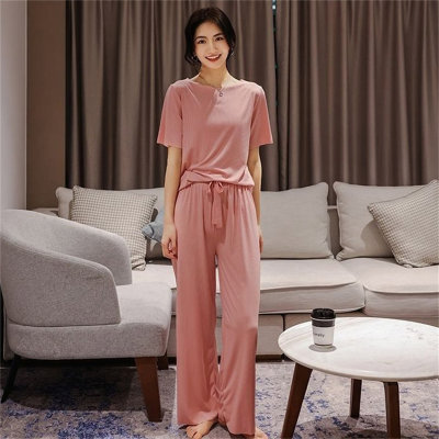 2024 novos pijamas femininos cor sólida gelo seda casa roupas femininas casual terno de duas peças
