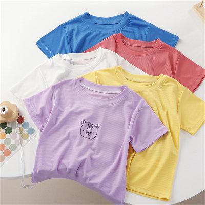 2024 new summer candy color children's summer short-sleeved T-shirt round neck ice silk shaking T boy baby girl top