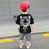 Boys' short-sleeved tiger suit, handsome thin two-piece set, trendy children's clothing for small and medium-sized children  Black