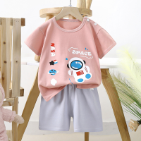 Children's short-sleeved suit pure cotton boy T-shirt baby summer children's clothing girl shorts baby clothes summer  Pink