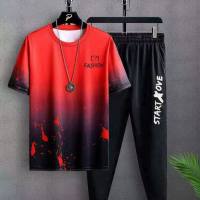 Ice silk short-sleeved T-shirt trousers men's summer leisure loose middle and large children students quick-drying little boy short-sleeved suit  Red