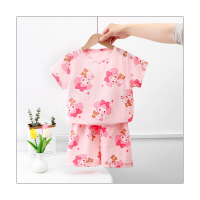 Summer girls pajamas bubble cotton short-sleeved thin suit girl children's home clothes outer wear  Multicolor