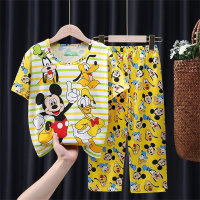 Novos pijamas infantis para meninos e meninas verão calças finas de manga curta para meninos crianças verão casa com ar condicionado  Amarelo
