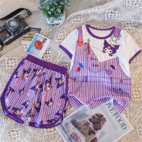 Pijamas de manga corta para niños, traje de verano con dibujos animados de jacquard, ropa para el hogar de verano para niños y niñas medianos y grandes  Púrpura