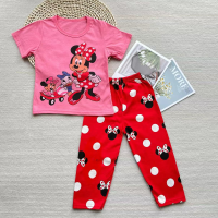 Thin home clothes set short-sleeved and long pants combination medium and large children's underwear set 2 pieces  Pink