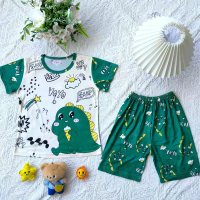 Pijamas de algodón puro para niños, conjunto de 2 piezas de ropa de hogar juvenil de manga corta con bonito tema de dinosaurio, para verano  Multicolor