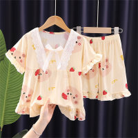Pajamas for girls summer thin short-sleeved girls' medium and large children's home clothes summer air-conditioned clothes suits  Beige