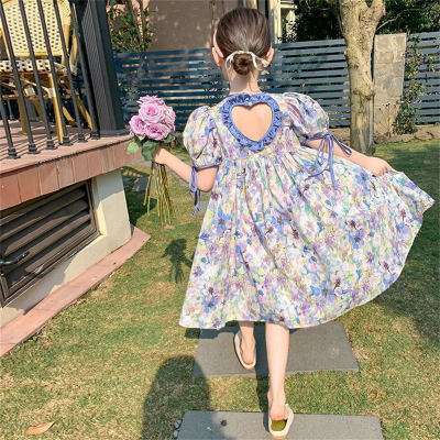 Girls romantic backless dress children's sweet and fashionable girl floral short-sleeved princess dress