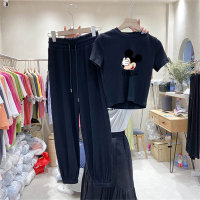 Camiseta de manga corta de estilo coreano de verano, pantalones harén, conjunto informal de dos piezas con pequeña fragancia  Negro