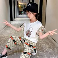 Girls short-sleeved sports suit Xiaxin middle and large children's fashionable and stylish street hip-hop two-piece suit  White