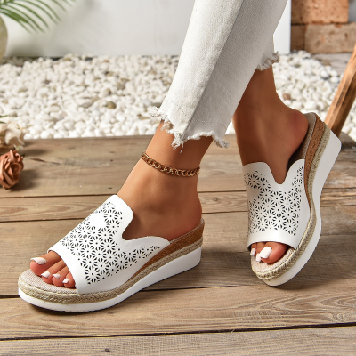 Novedad de verano, estilo Tacón de Cuña, sandalias huecas de color sólido con cabeza redonda a la moda de una línea de talla grande para mujer