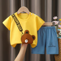 New pure cotton children's short-sleeved suit cotton boys' children's clothing girls' shorts sports home clothes suit summer clothes factory  Yellow