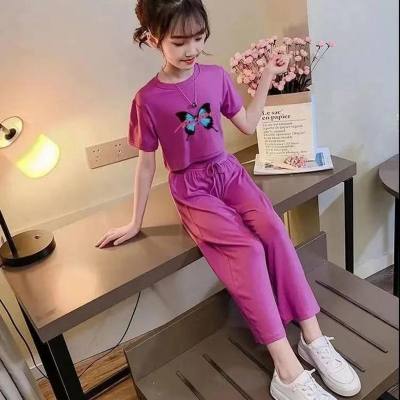 Internet celebrity baby girl summer new stylish casual suit children's Korean version of fashionable butterfly top trousers two-piece suit
