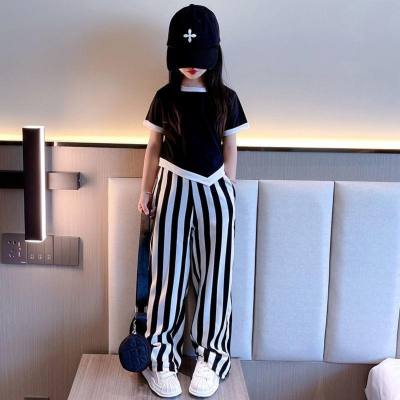 Girls Summer Clothes Korean Version 2023 New Fashionable Children's Clothes Contrast Color Short Sleeve Tops Cool Wide Leg Pants Two-piece Set