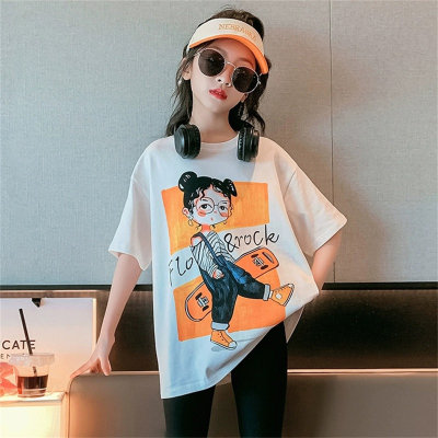 Pure cotton girls' short-sleeved T-shirts for summer, stylish children's half-sleeved T-shirts for older girls, summer tops