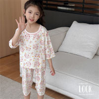 Children's summer pajamas suits for boys cartoon modal home clothes for girls three-quarter sleeves three-quarter pants air-conditioning clothes  Pink