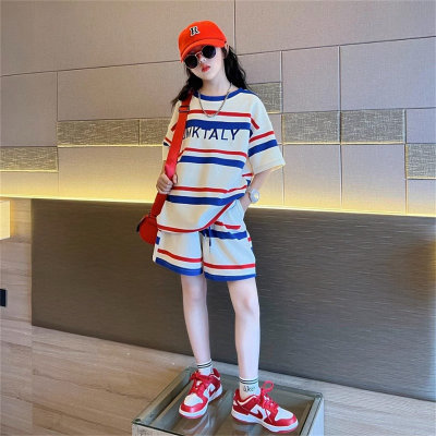 Girls' sports summer casual children's short-sleeved shorts suit, medium and large children's loose two-piece set