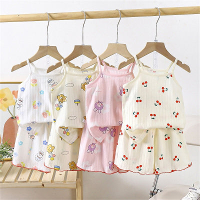 Children's suspender skirt suit summer girls cotton pajamas home clothes vest short skirt baby air conditioning clothes