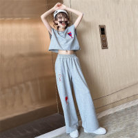 Sports suit for middle and large children, stylish cartoon heart top, fashionable and casual wide-leg two-piece suit  Gray