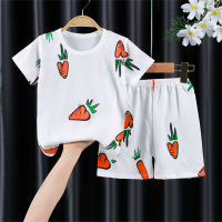 Children's pure cotton mesh short-sleeved shorts suit for middle and small children baby summer clothes children's clothing  White