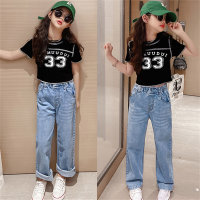 Girls' suits, jeans, thin wide-leg pants, summer big children's high-waisted trousers, loose children's straight-leg pants, two-piece set  Black