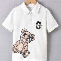 New boys short-sleeved lapel T-shirt boys cartoon bear letter print children's white short-sleeved polo shirt  White